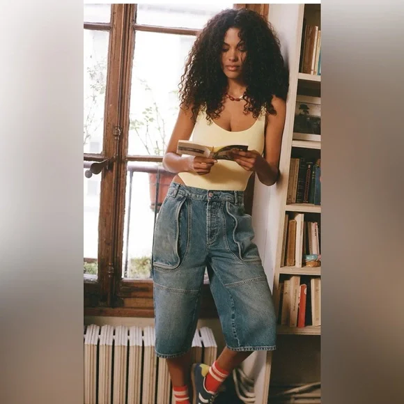 New! Free People Havasu Slouchy Low Rise Crop Utility Cargo Jean Shorts 27 - Picture 4 of 8